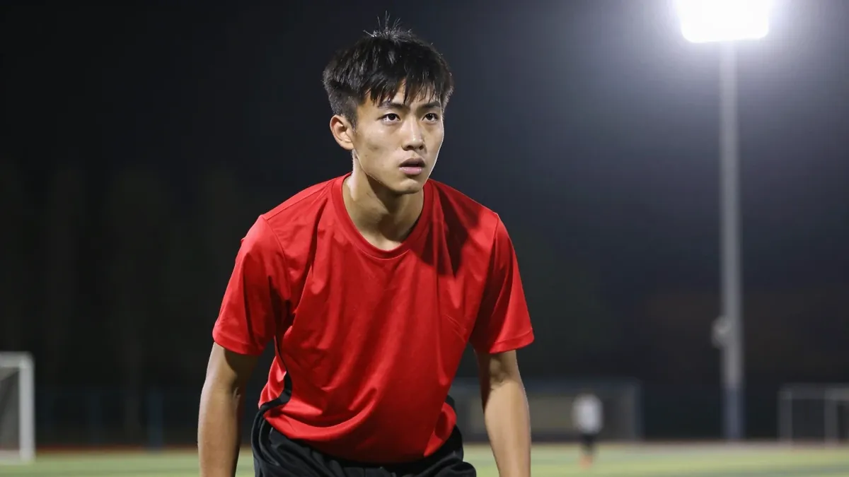 18-year-old midfielder, lean build, wearing a solid red shirt and black shorts, head-and-shoulders, focused on determined...