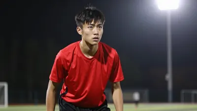 18-year-old midfielder, lean build, wearing a solid red shirt and black shorts, head-and-shoulders, focused on determined...