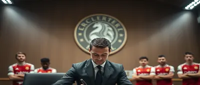 A young, rugged, 25-year-old defender with a strong build and short, dark hair, stands tall, looking directly at the...