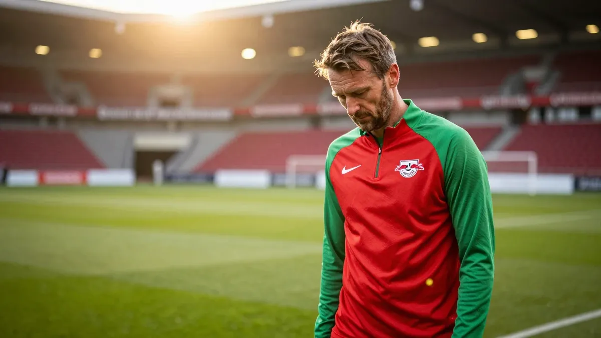 A 35-year-old, ruggedly-built assistant coach of RB Leipzig, wearing a plain, unmarked red and green polyester training...